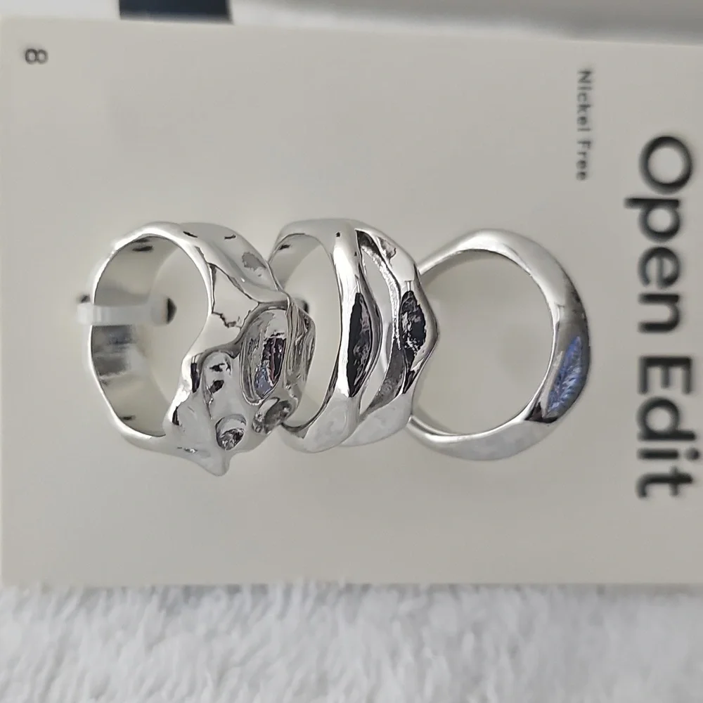 NWT Open Edit Set Of 3 Molten Rhodiun Rings Size 8 Silver - Picture 7 of 12